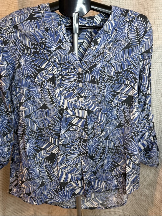 Notations Tops - Notations Blue and Black Tropical Print Henley Blouse